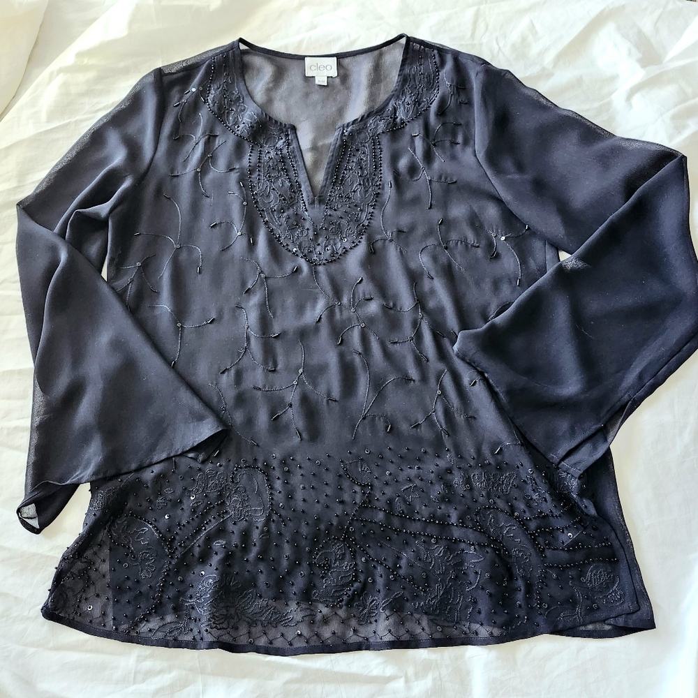 Cleo black Sheer beaded blouse, Bohemian beaded blouse, Size M